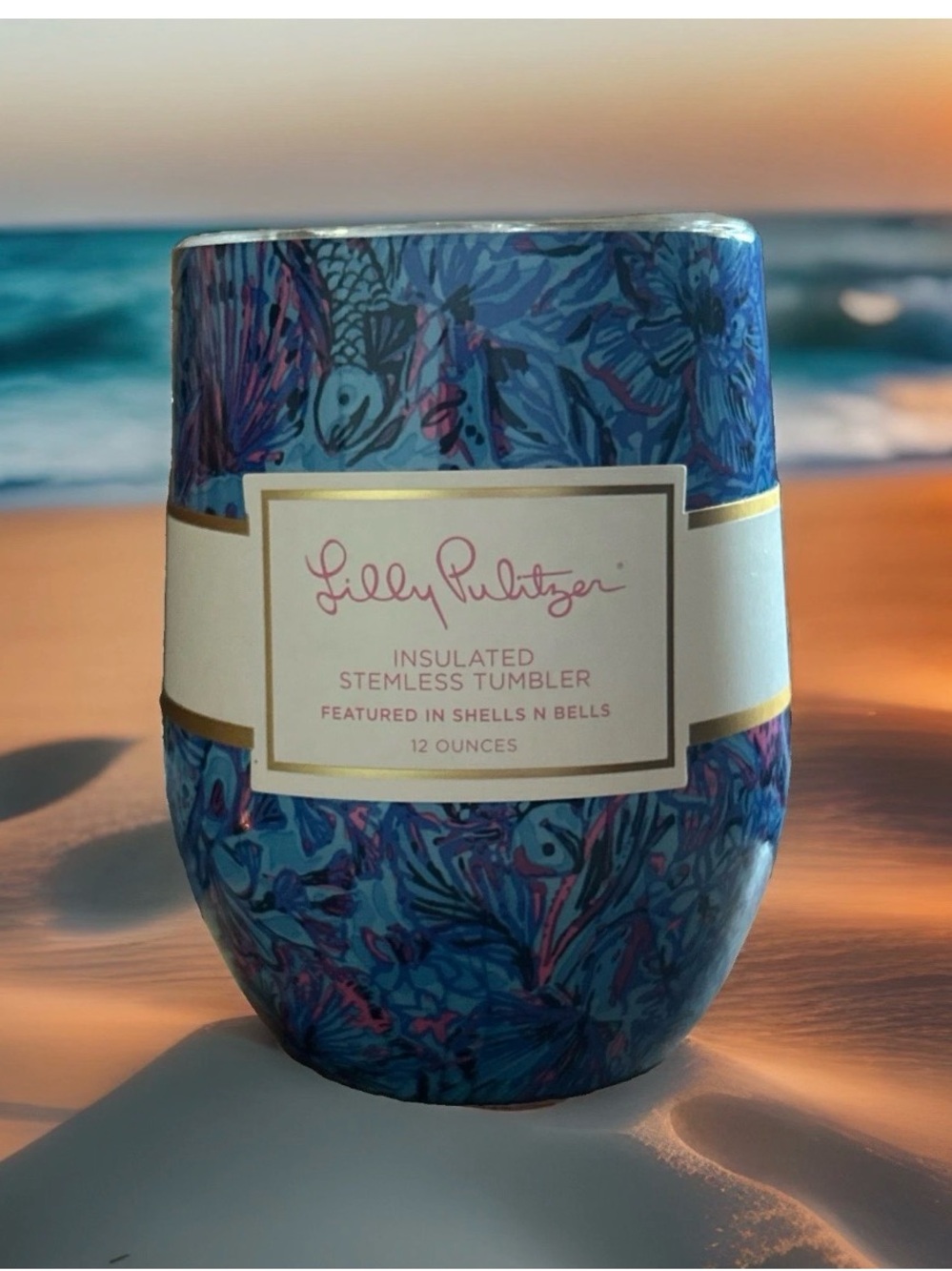 Lilly Pulitzer Stainless Steel Wine Glass Tumbler 12 oz "Shells And Bells"  NWT